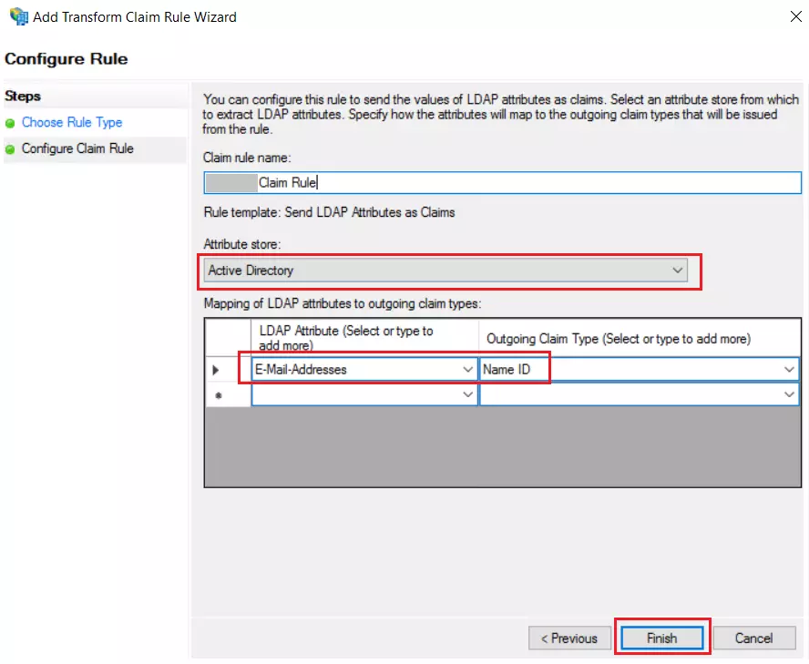 ADFS SSO: Submit Claim rule name, attribute store and Claim type