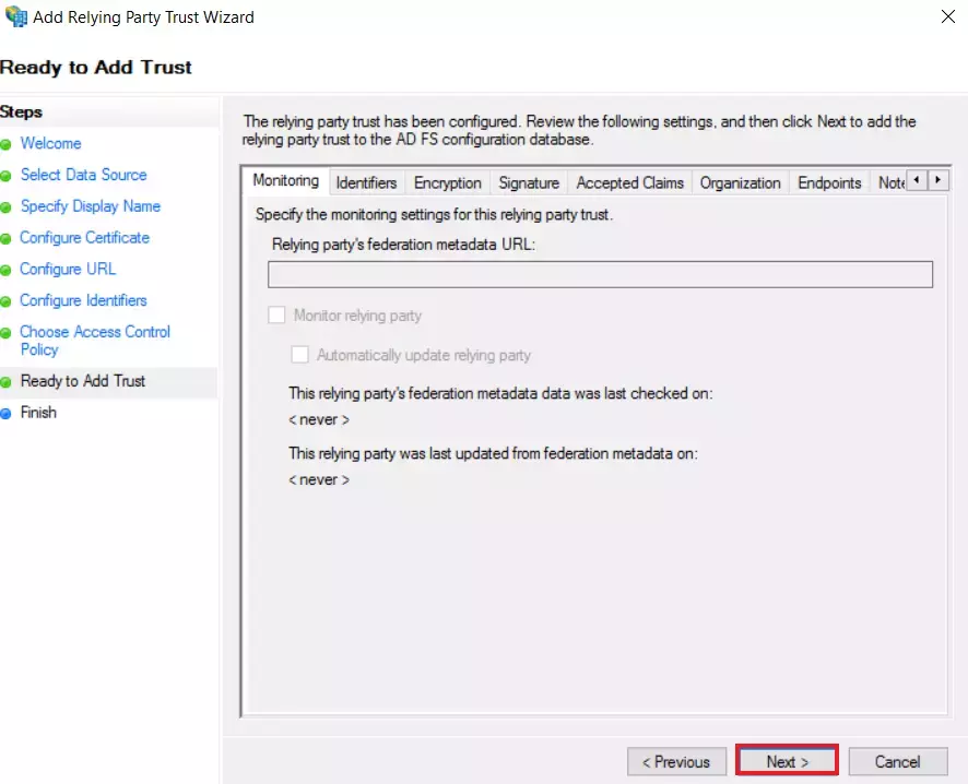 ADFS Single Sign On: Select ready to add trust for ADFS SSO