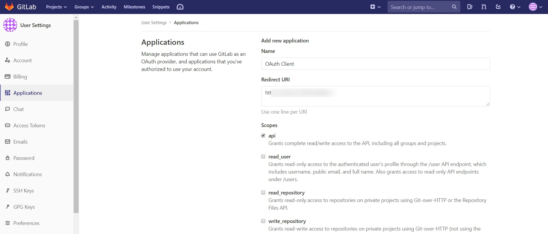 Add Redirect URI in GitLab