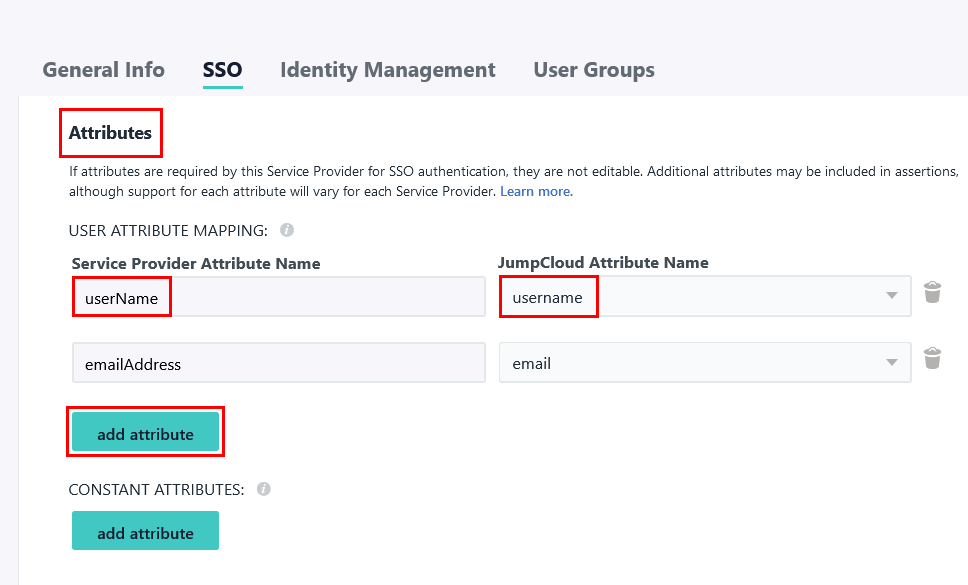 SAML Single Sign-On (SSO) using JumpCloud (IdP), Attribute Mapping