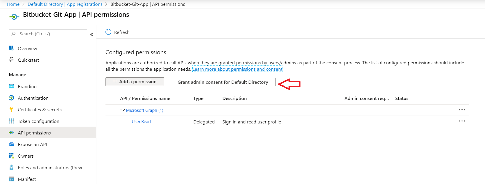 Bitbucket Git Authentication, Azure AD Grant permission