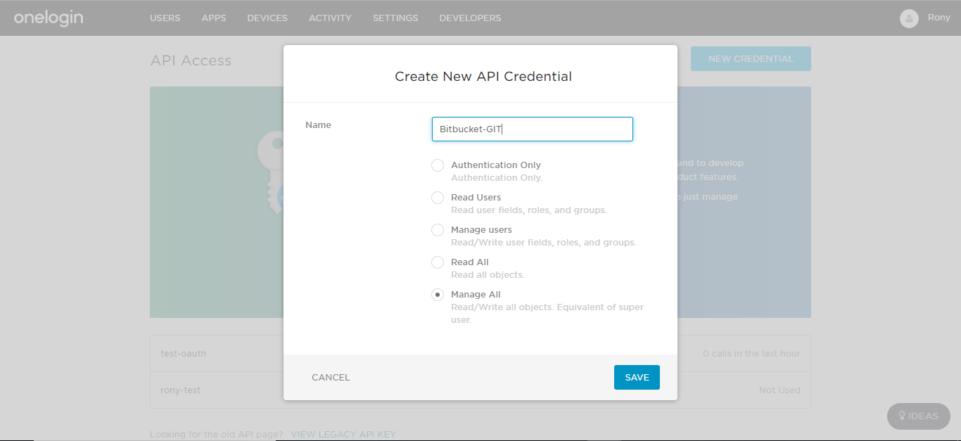Bitbucket Git Authentication, Onelogin create new API