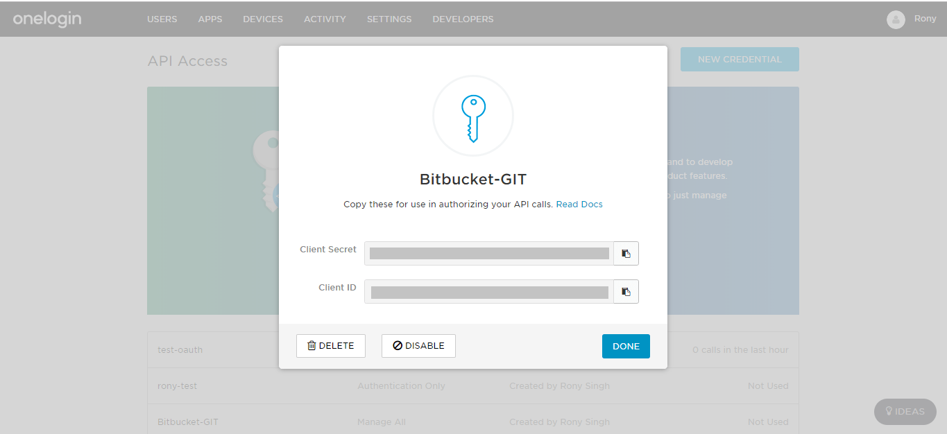 Bitbucket Git Authentication, Onelogin Clent ID and secret