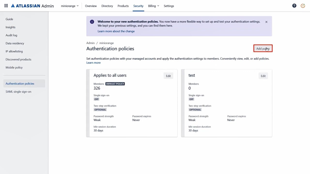 Atlassian Access Cloud SSO (Single Sign-On) Add policy