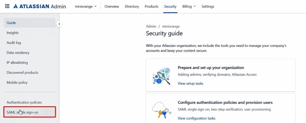 Atlassian Access Cloud SSO (Single Sign-On) Security tab