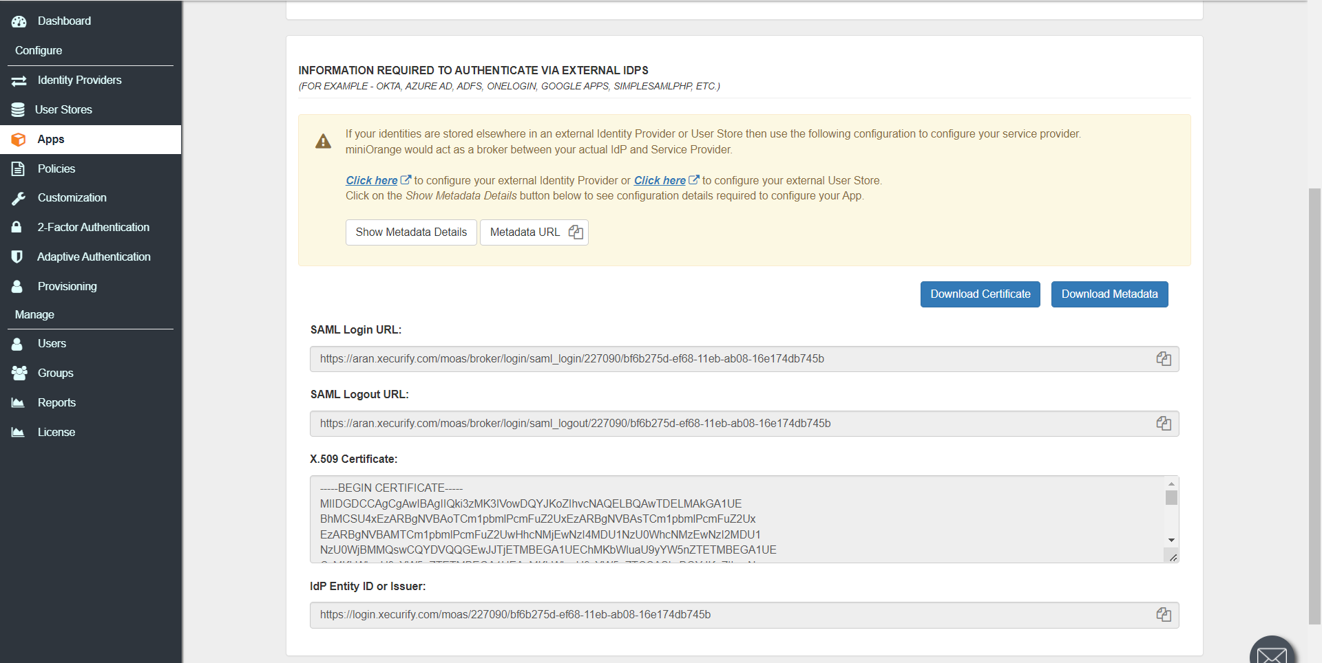 Atlassian Access Cloud SSO (Single Sign-On) View Metadata Details