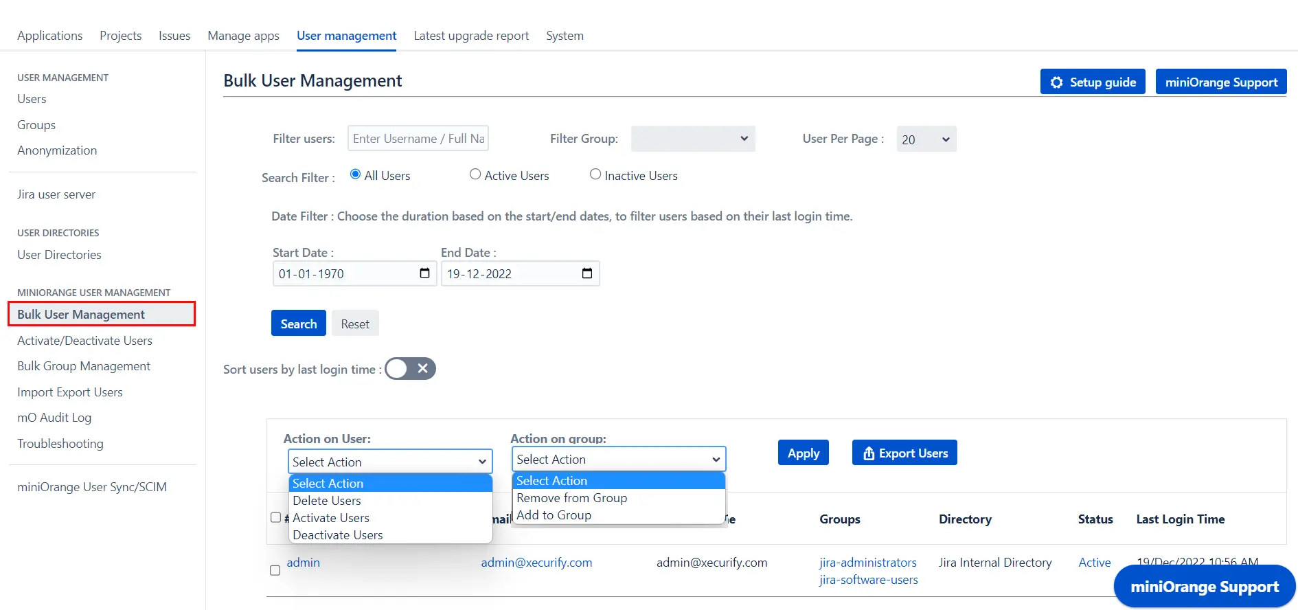 Setup Bulk User Management fo Jira, Bulk action management to inactivate deactivate users