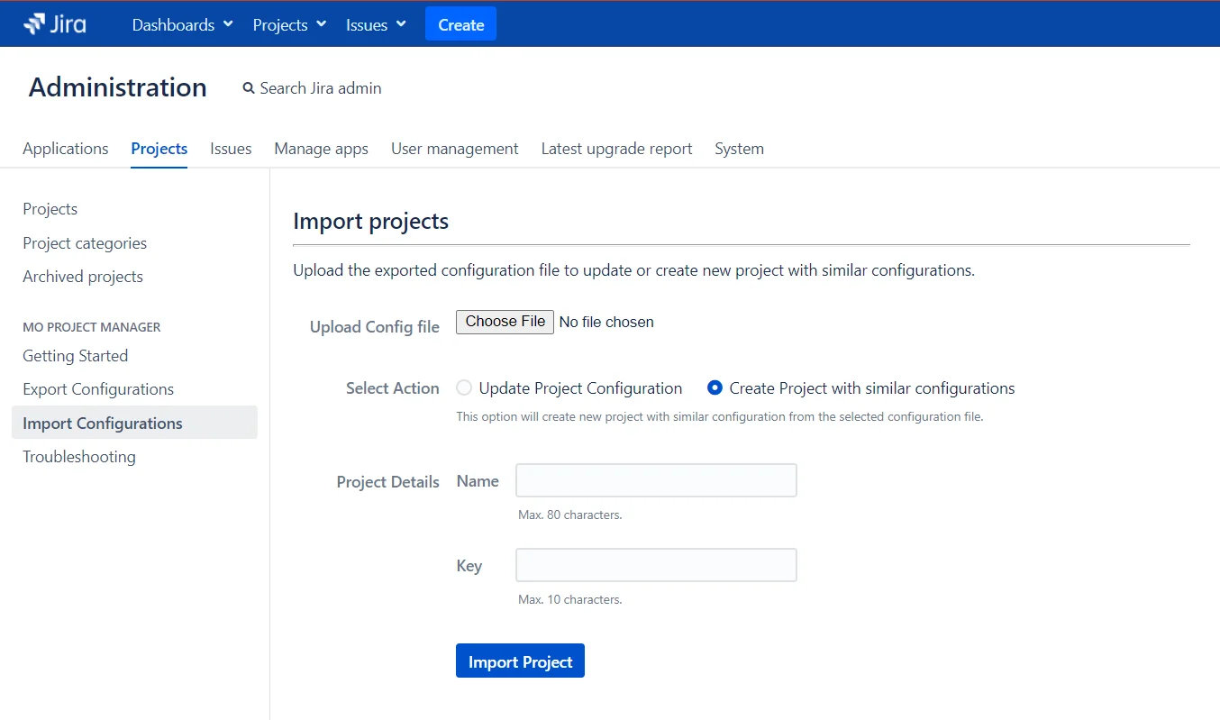 Create New Project with uploaded configurations