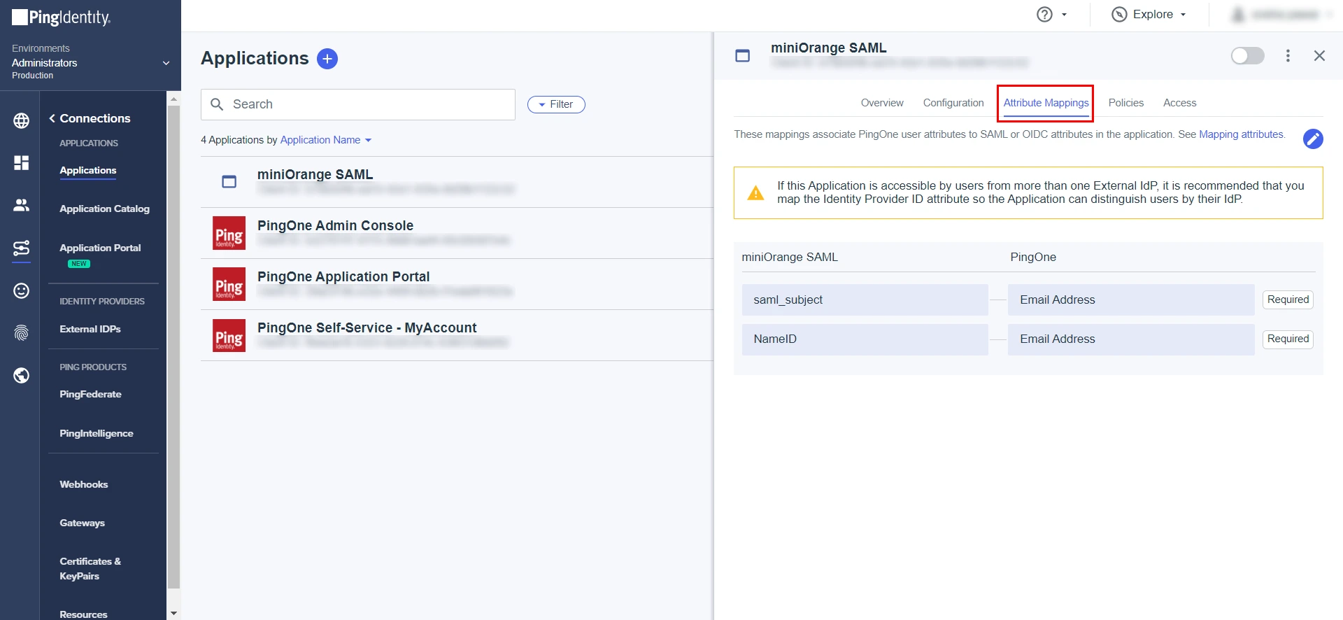 SAML Single Sign On (SSO) using Ping One Identity Provider, Attribute Mapping