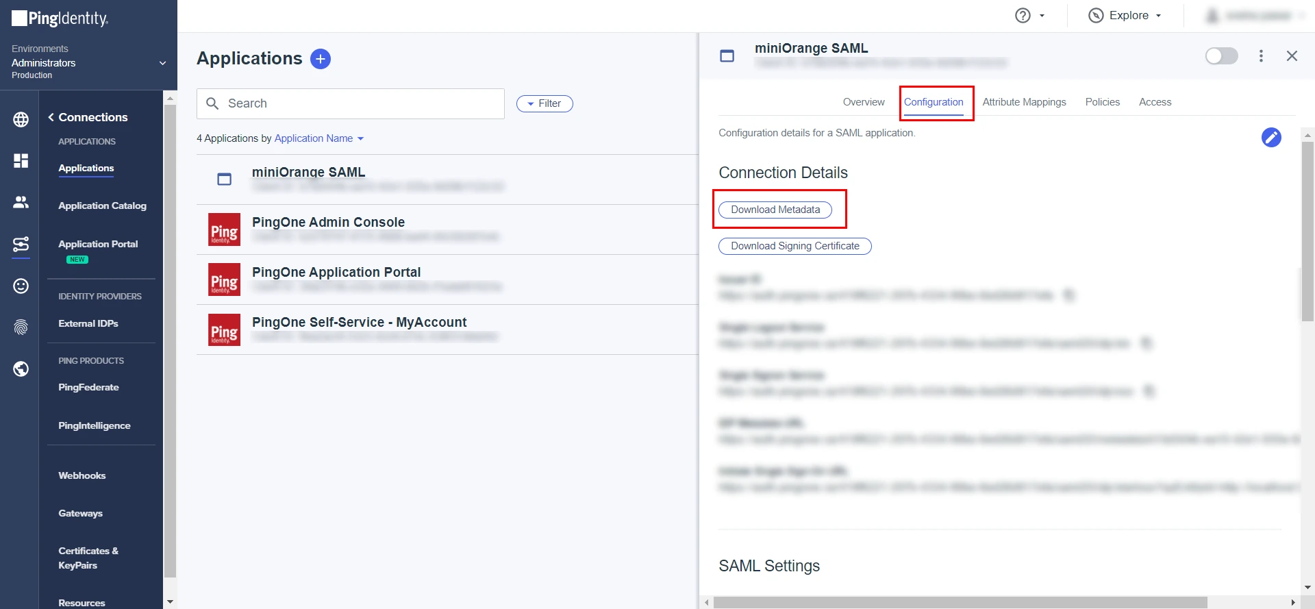 SAML Single Sign On (SSO) using Ping One Identity Provider, Download Metadata