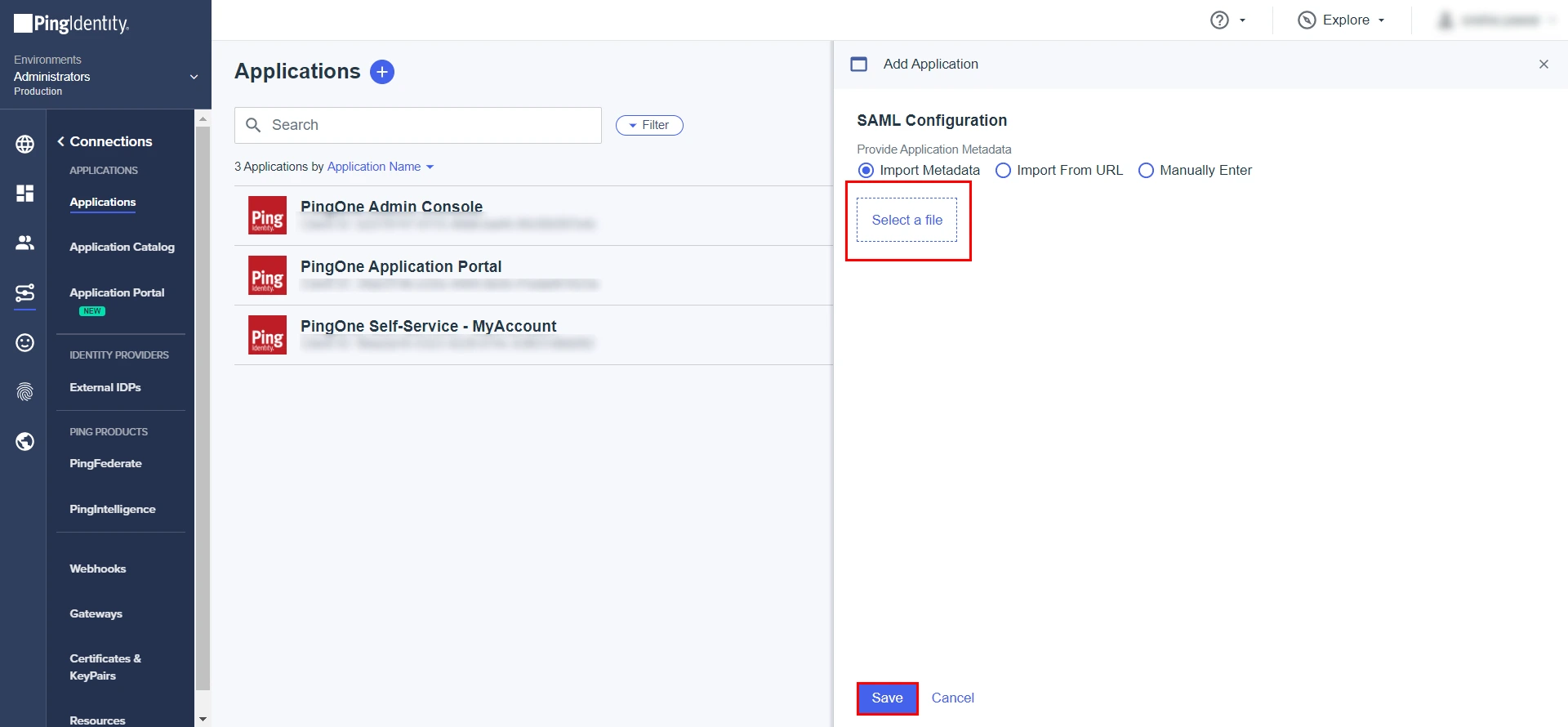 SAML Single Sign On (SSO) using Ping One Identity Provider, import Metadata