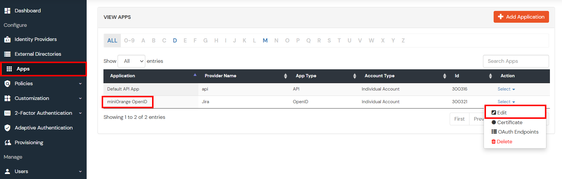  OAuth/OpenID/OIDC Single Sign On (SSO), miniOrange SSO,Application Configured