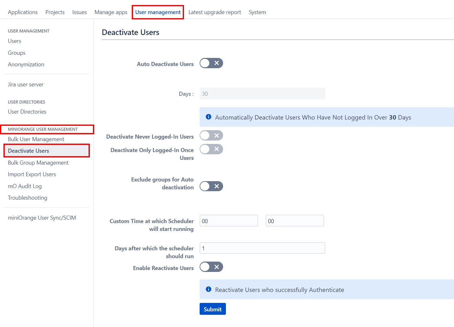 Setup Bulk User Management fo Jira, Bulk action management to inactivate deactivate users