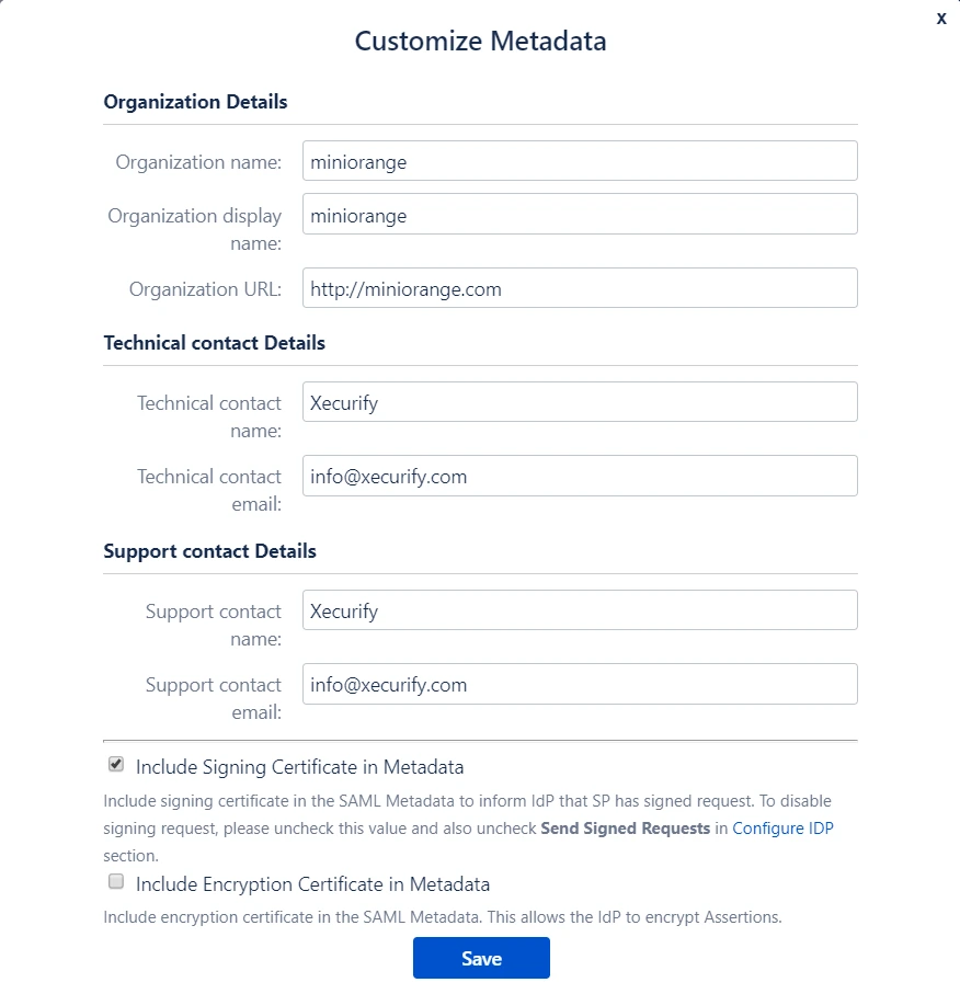 SAML Single Sign-On Service Provider customize metadata