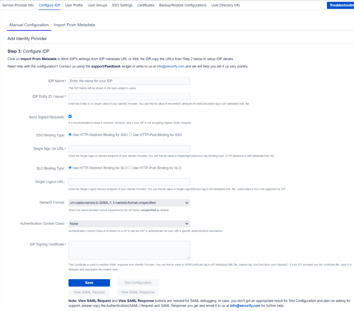 SAML Single Sign on manual