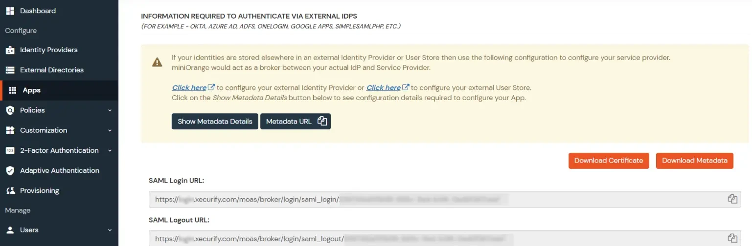 SAML Single Sign On (SSO) miniOrange app metadata IDP details