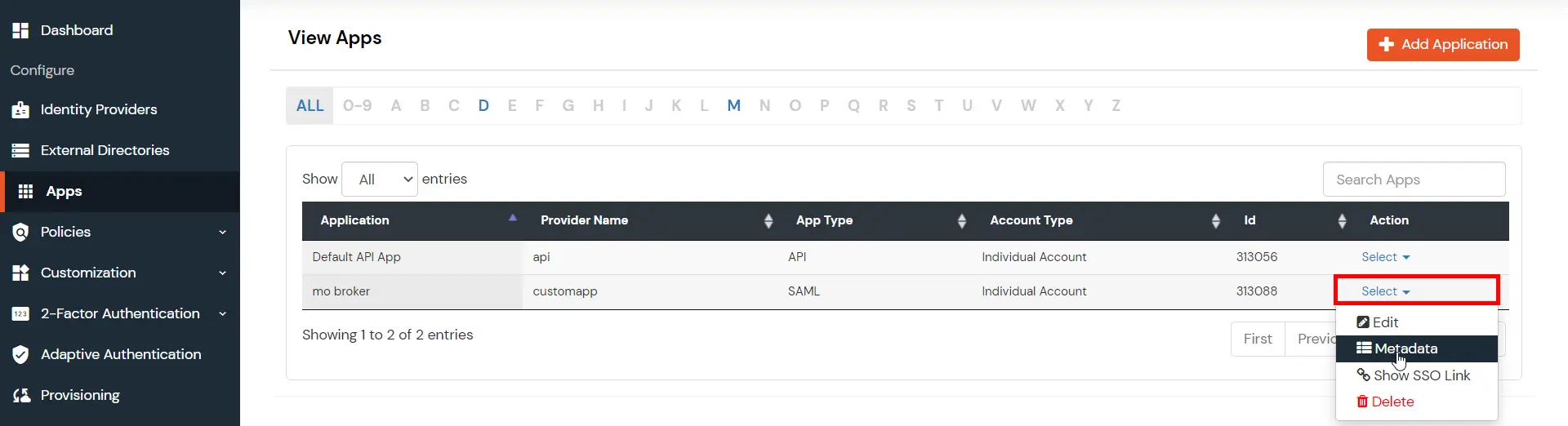 SAML Single Sign On (SSO) miniOrange app metadata details