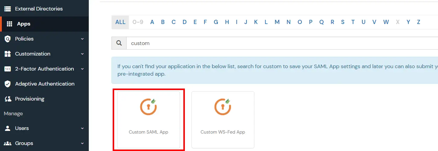 SAML Single Sign On (SSO) miniOrange choose saml app