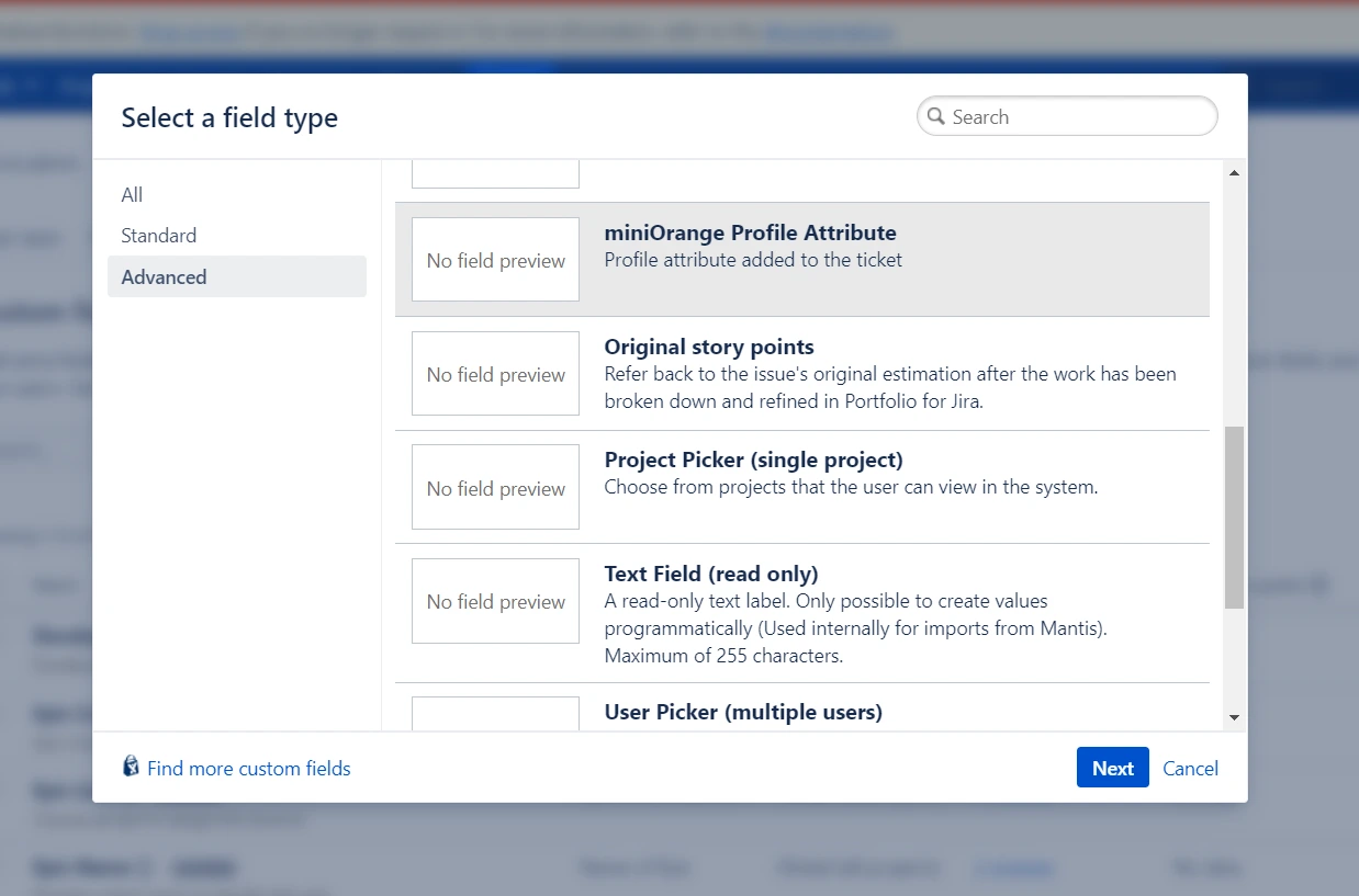 Custom profile attributes and LDAP sync select a field type miniOrange