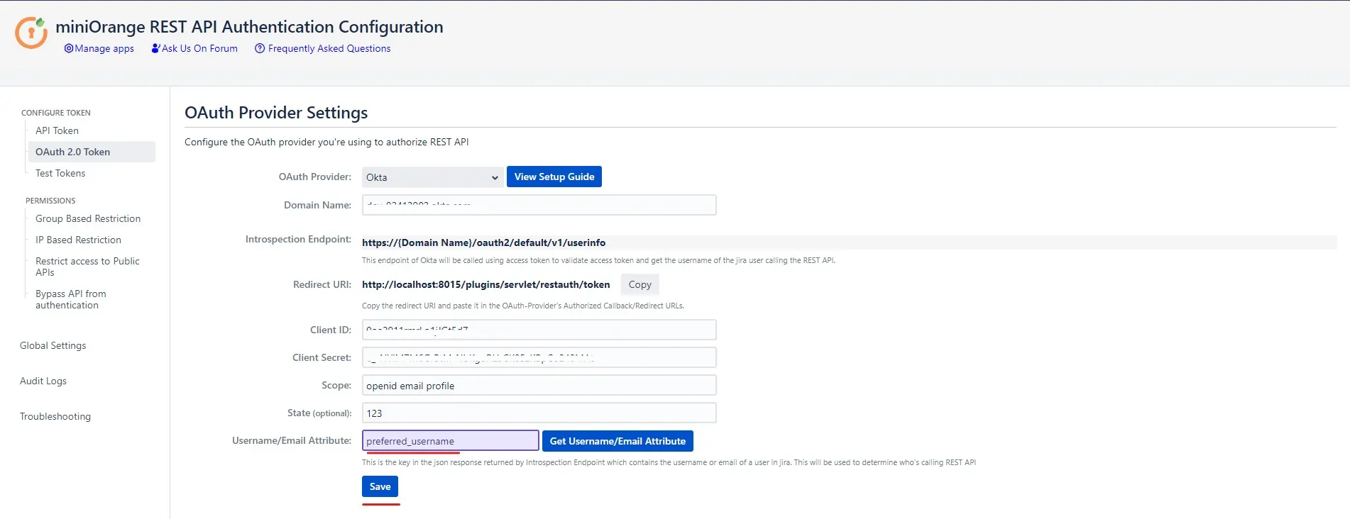 miniOrange REST API OAuth Config Save