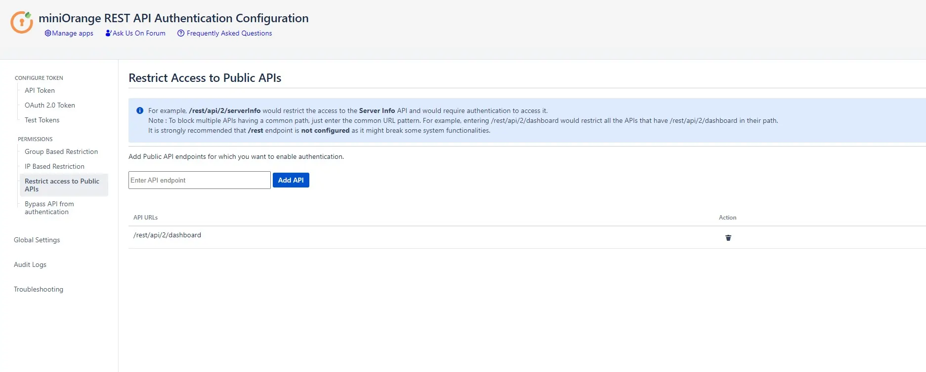 miniOrange REST Restrict Access to Public API