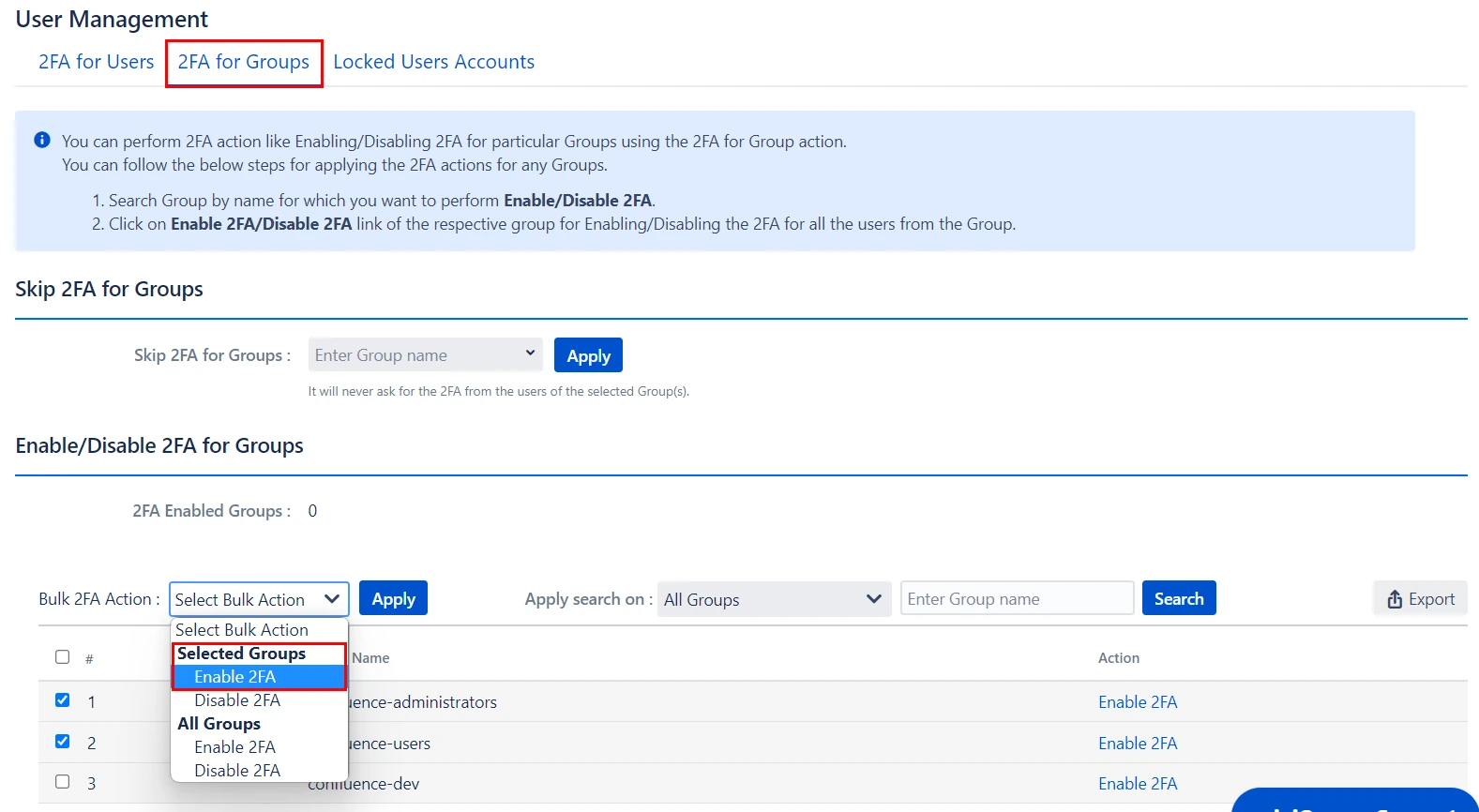 Setup Two Factor (2FA / MFA) Authentication for Bamboo using OTP, KBA, TOTP methods enable multiple groups