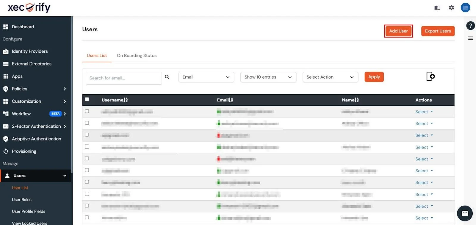Users section in the miniOrange Dashboard with the Add User button highlighted