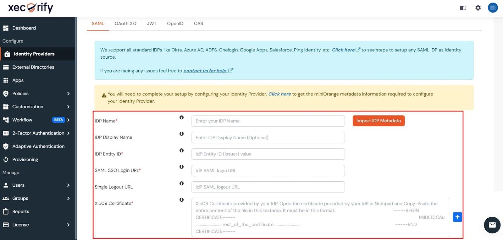 Add Identity Provider window in the miniOrange Admin Dashboard with the IDP details fields highlighted