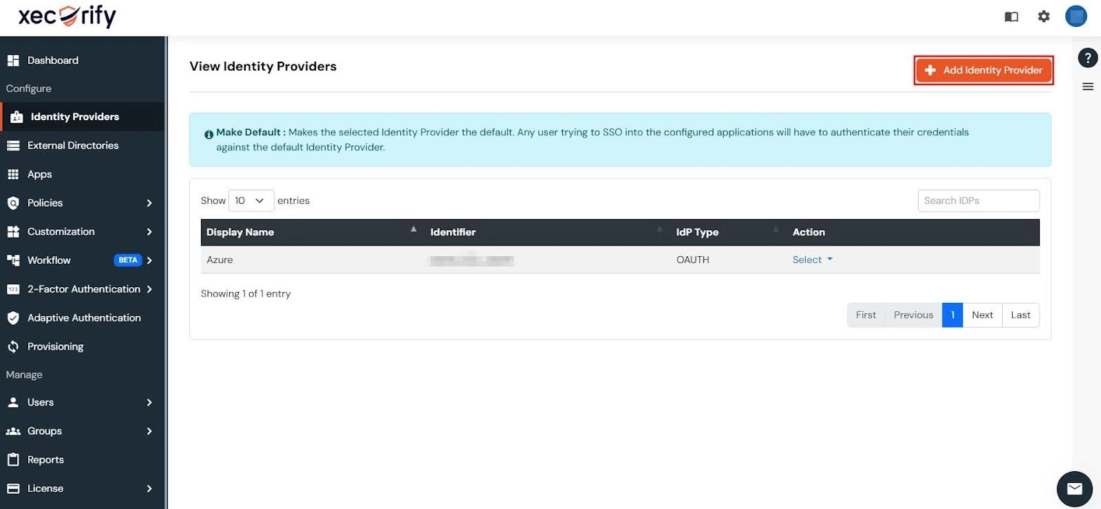 The Identity Providers section inside miniOrange Admin Dashboard with the Add Identity Provider button highlighted