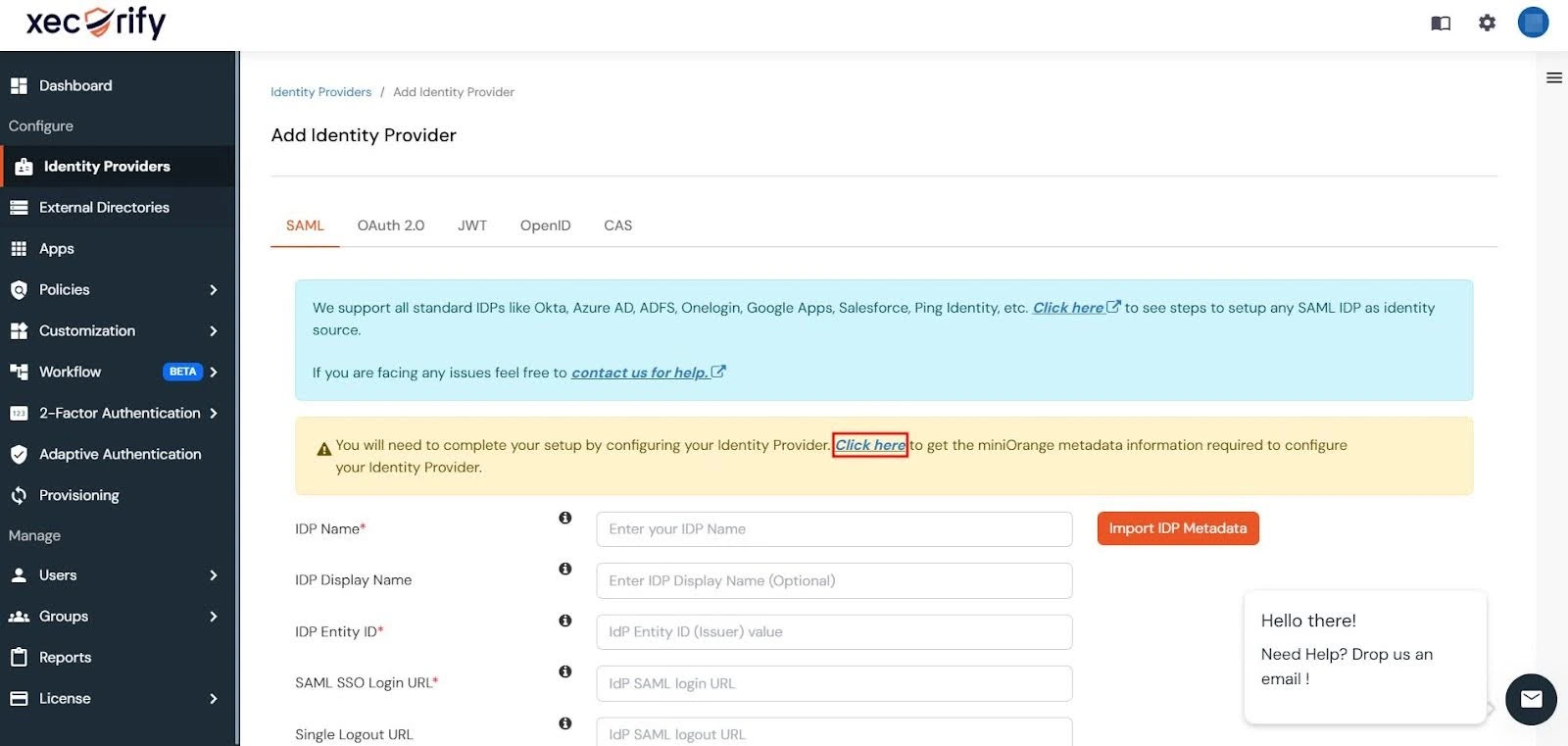 The Identity Providers section inside miniOrange Admin Dashboard with the link to get miniOrange metadata information highlighted