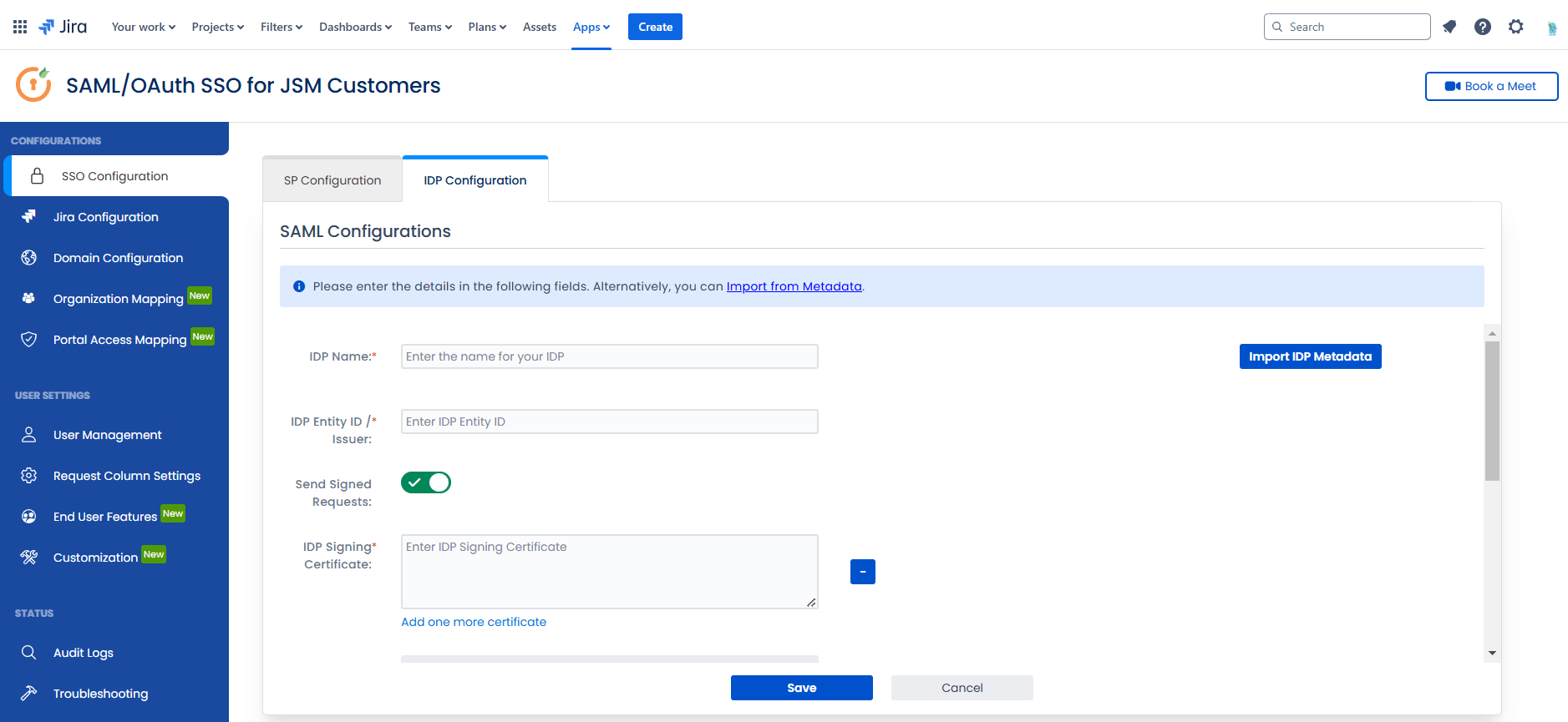 Helpdesk SSO + 2FA app's SSO Configuration window with the IDP Configuration tab highlighted