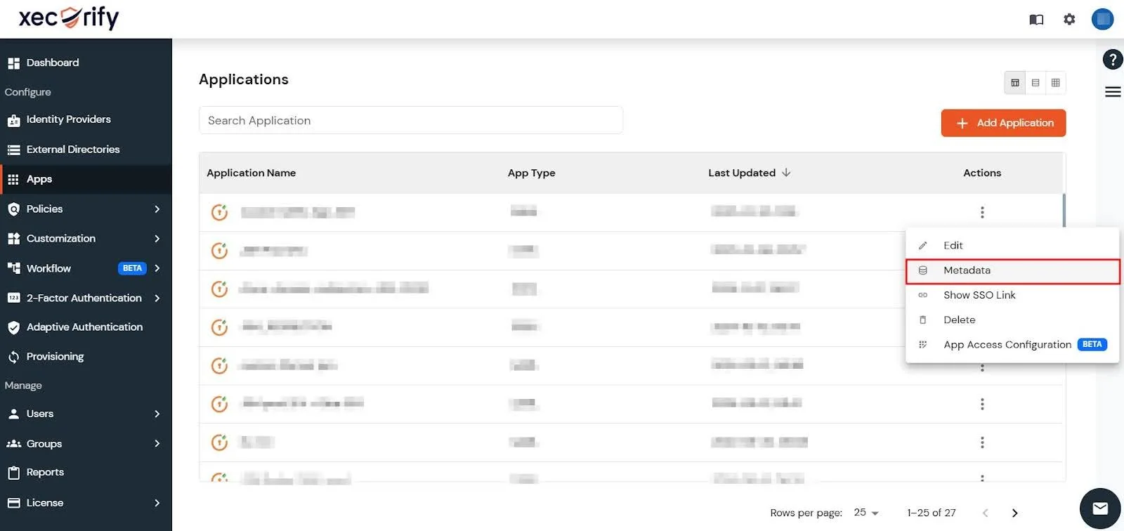 additional options for the newly created Custom SAML App with the Metadata option highlighted