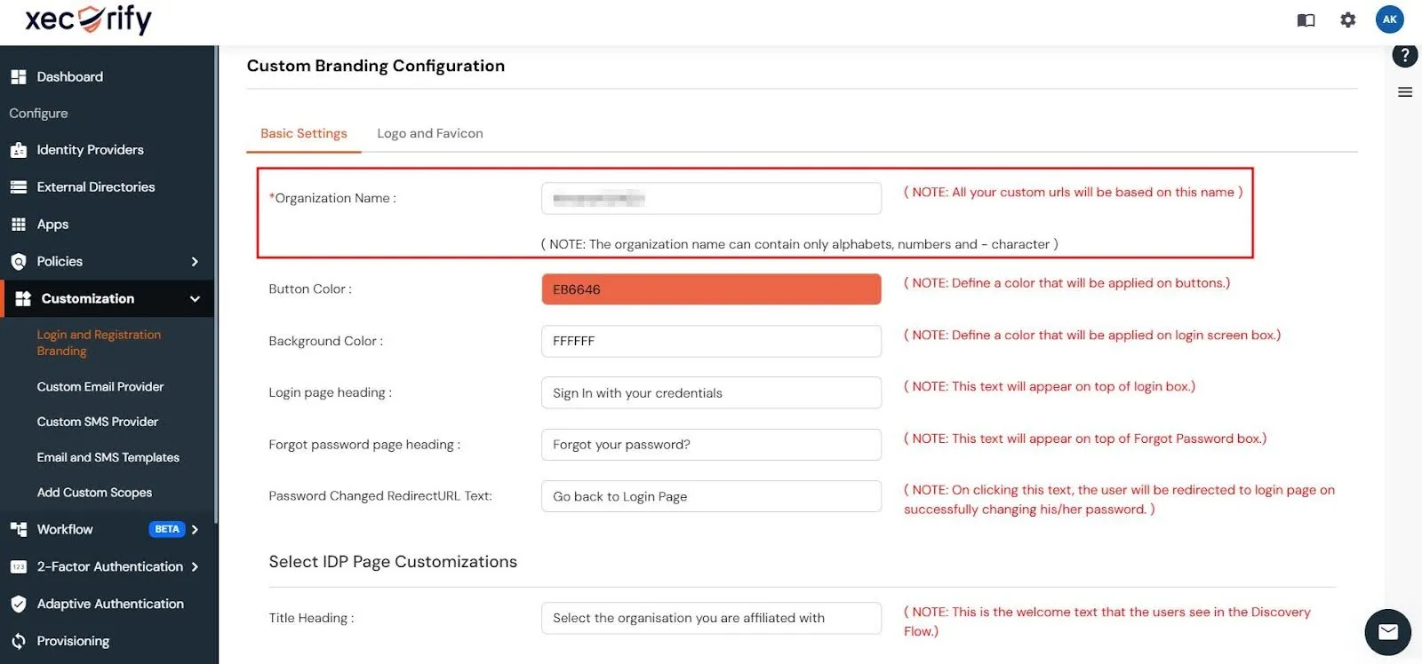The Custom Branding Configuration window in the miniOrange Admin Dashboard with the Organization Name field highlighted