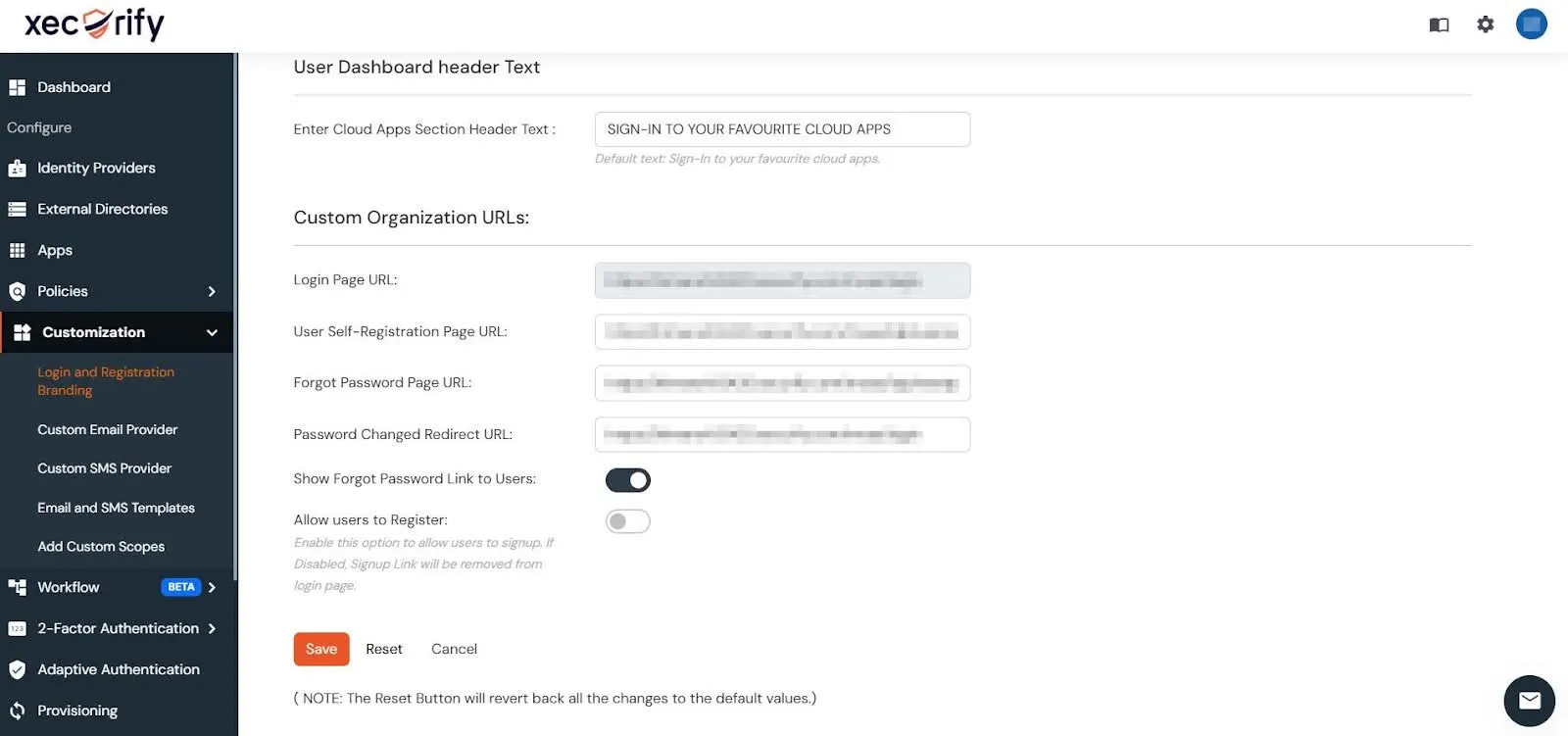 The Custom Branding Configuration window in the miniOrange Admin Dashboard with the Custom Organization URLs section highlighted