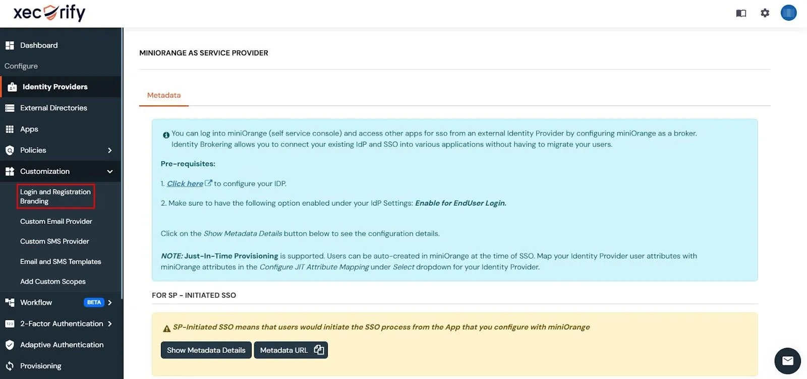 The left-hand sidebar inside miniOrange Admin Dashboard with the Login and Registration Branding option under Customization section highlighted
