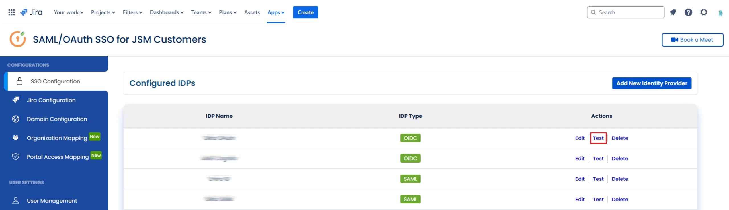 The SSO Configuration tab in the SAML/OAuth SSO for JSM Customers app with the list of Configured IDPs displayed and the Test configuration button highlighted