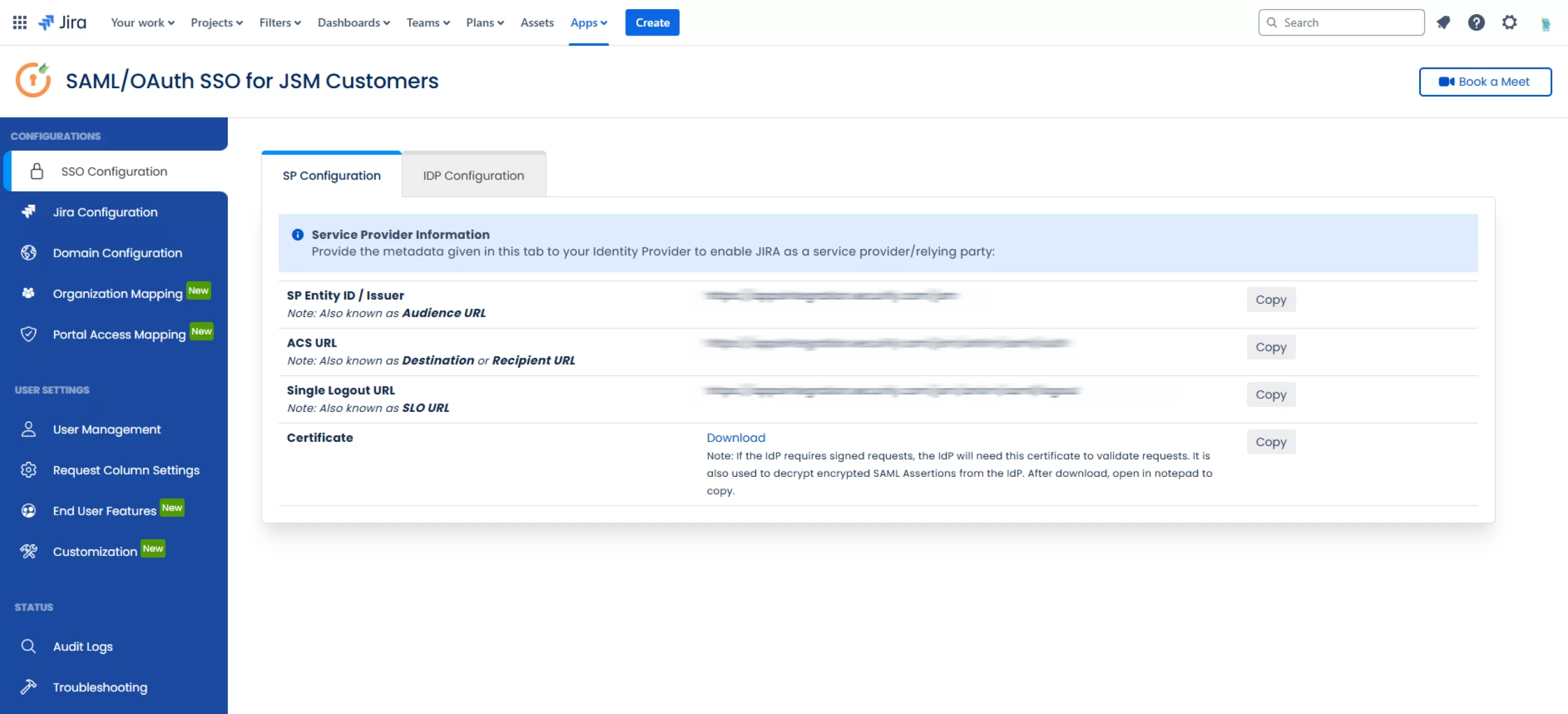 SP Configuration tab of the SSO Integration with Helpdesks app