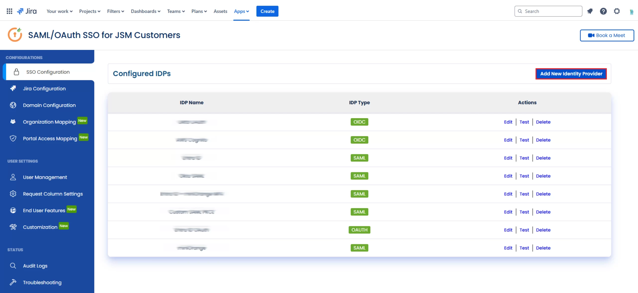 SSO Configuration tab of the miniOrange SSO Integration with Helpdesks app with the Add New Identity Provider button highlighted