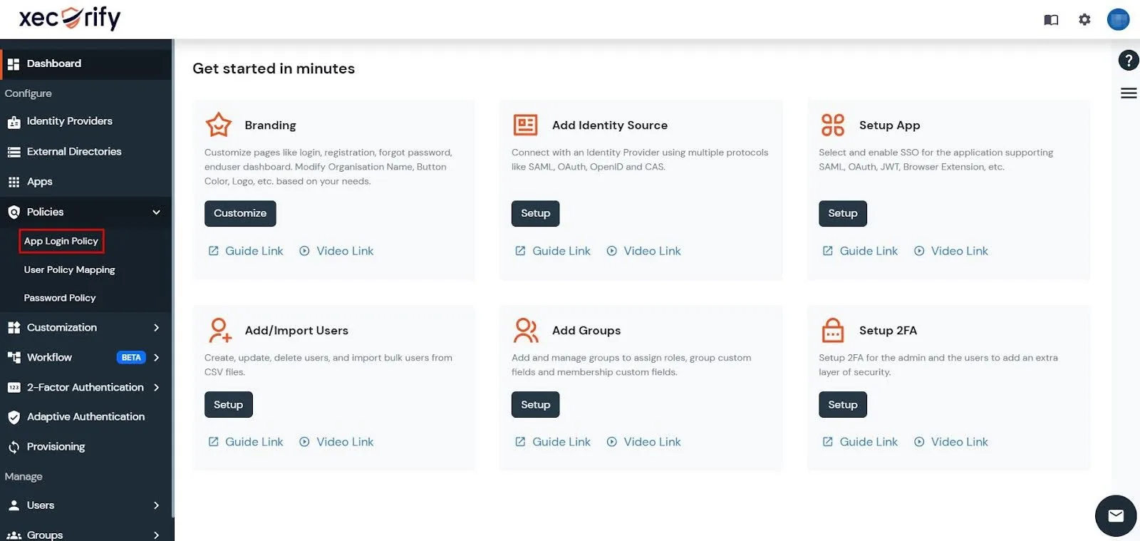 miniOrange Admin Console with the App Login Policy option highlighted in the left-hand navbar