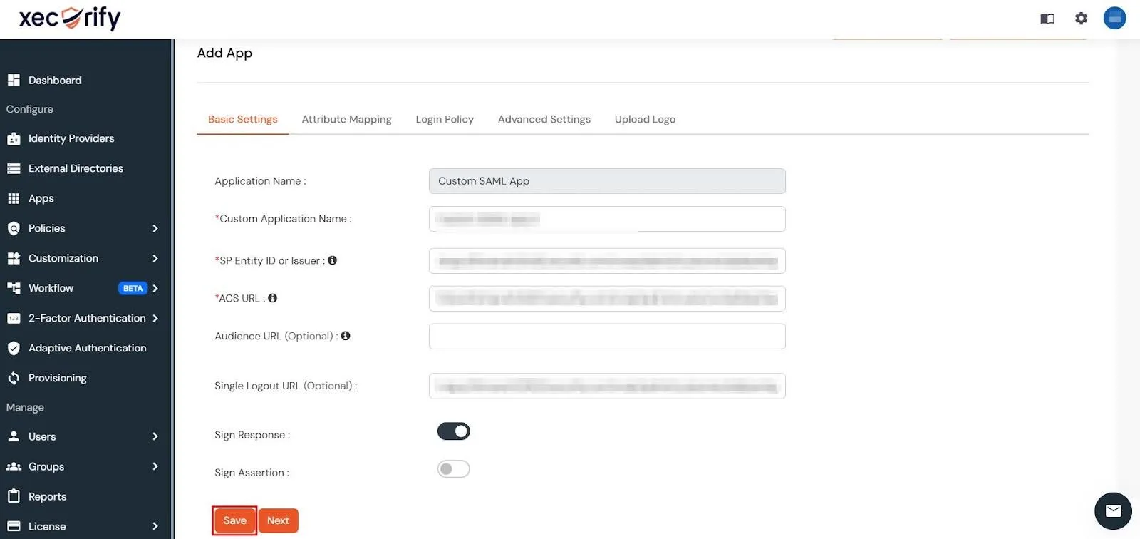 Custom SAML App's Basic Settings tab