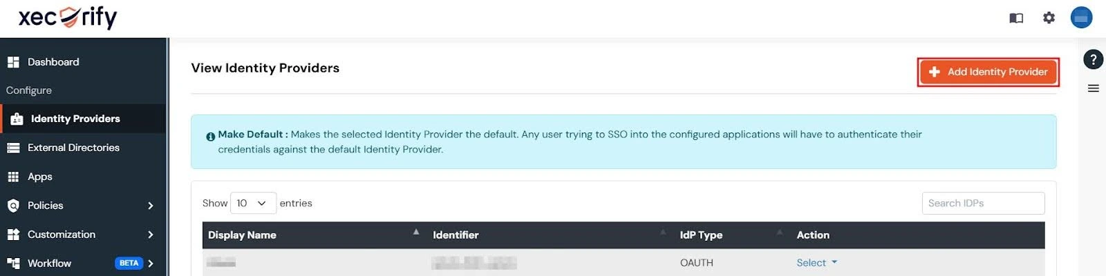 miniOrange Dashboard's Identity Providers tab with the Add Identity Provider button highlighted