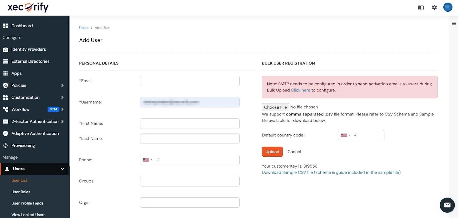 Add User window in the miniOrange Dashboard