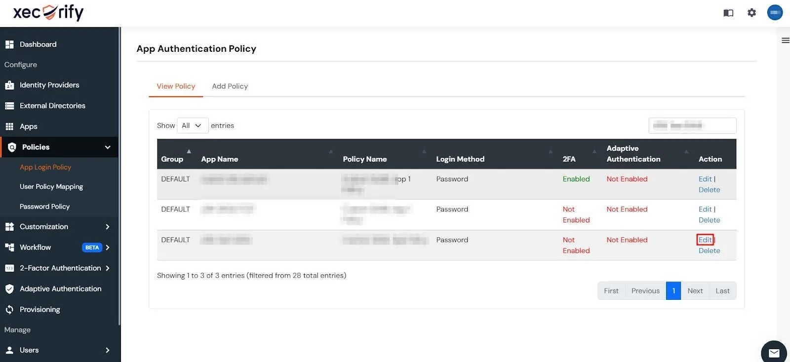 miniOrange Admin Console's App Authentication Policy page with the Edit button under the action tab of the app highlighted