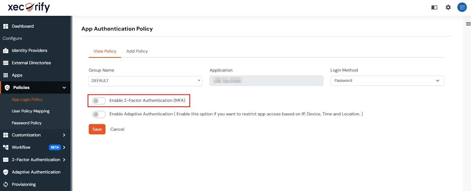 Individual App Authentication Policy page inside miniOrange Admin Console with the toggle for Enable 2-Factor Authentication (MFA) highlighted