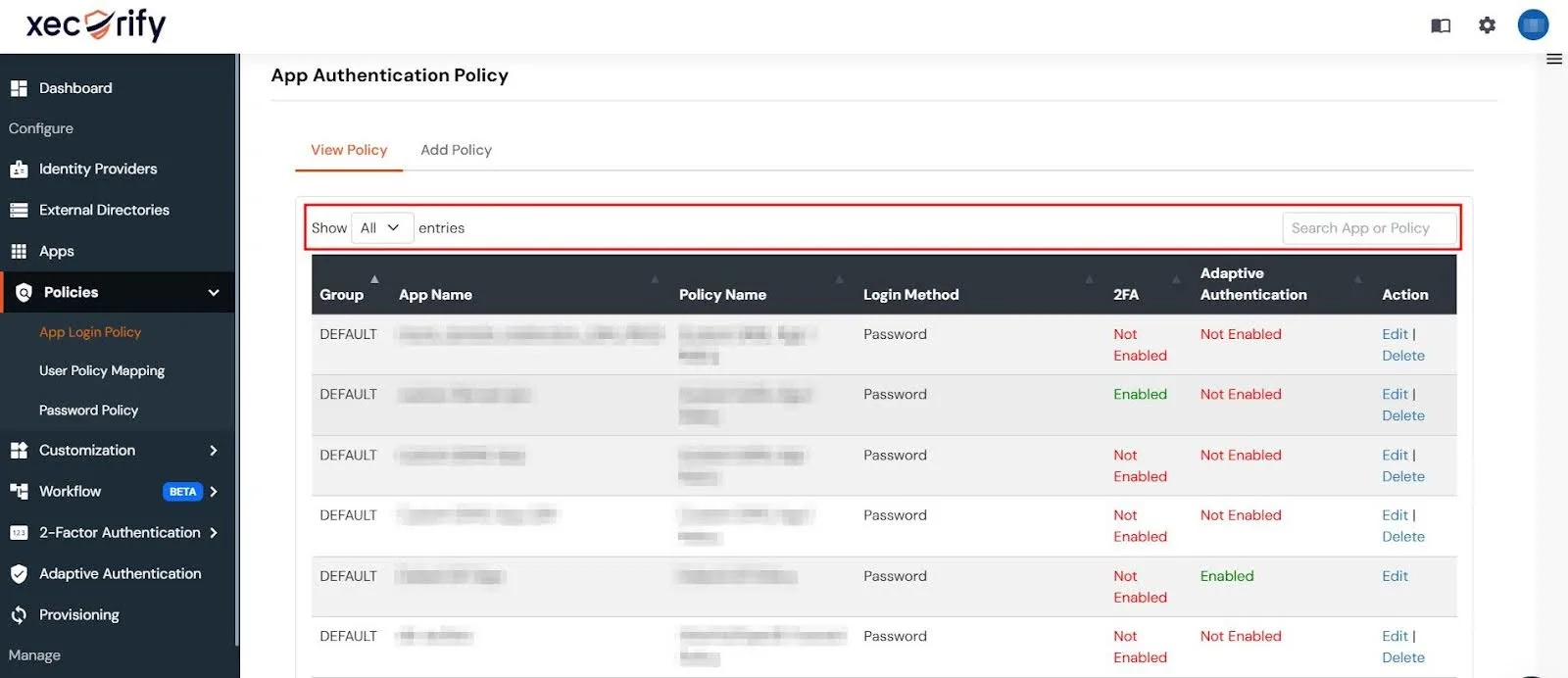 miniOrange Admin Console's App Authentication Policy page with the search functionality highlighted