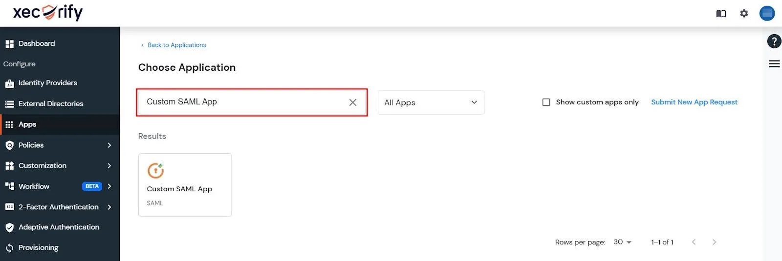 miniOrange Admin Console's Choose Application window with the search box containing the phrase Custom SAML App highlighted