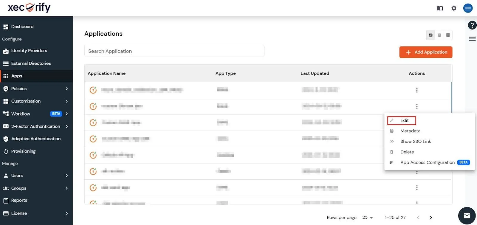 miniOrange Dashboard's Applications window with the edit option for the newly created Custom SAML App highlighted