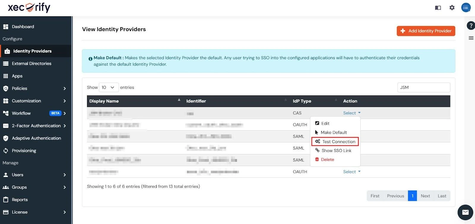 miniOrange Dashboard with the Tesc Connection option highlighted in the Action column of the Identity Providers grid