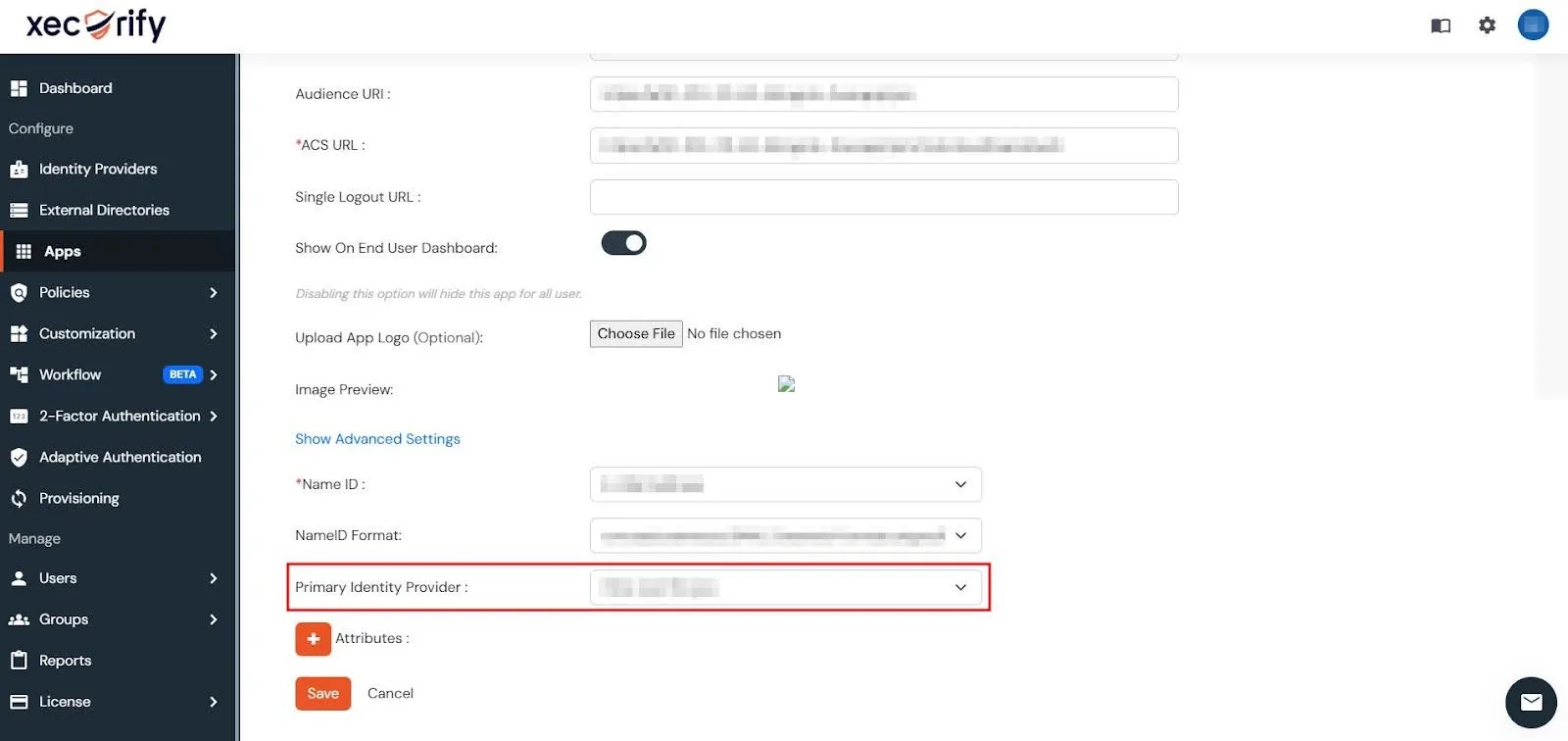 the Edit Application window of your newly created Custom SAML App with the Primary Identity Provider option highlighted