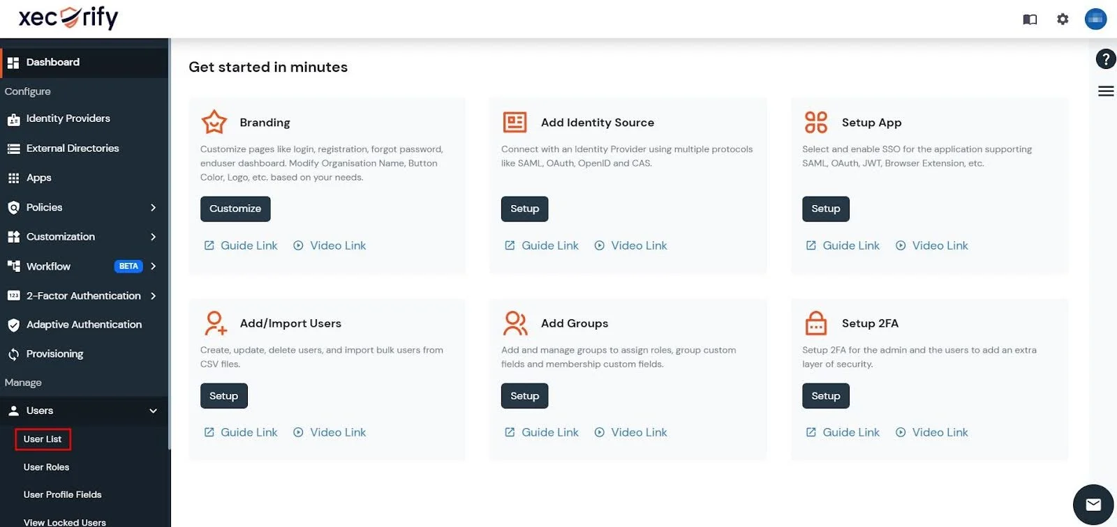 miniOrange Dashboard with the User List option highlighted under the Users tab in the left-hand navbar